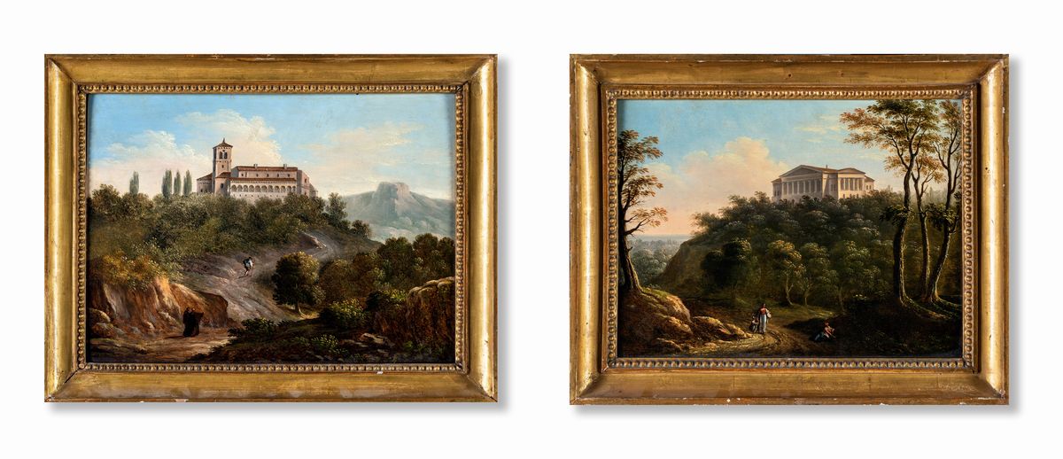 Pittore Fine XVIII/inizio XIX Secolo - A) Paesaggio con L'eremo dei Camaldoli B) Paesaggio con Pa...