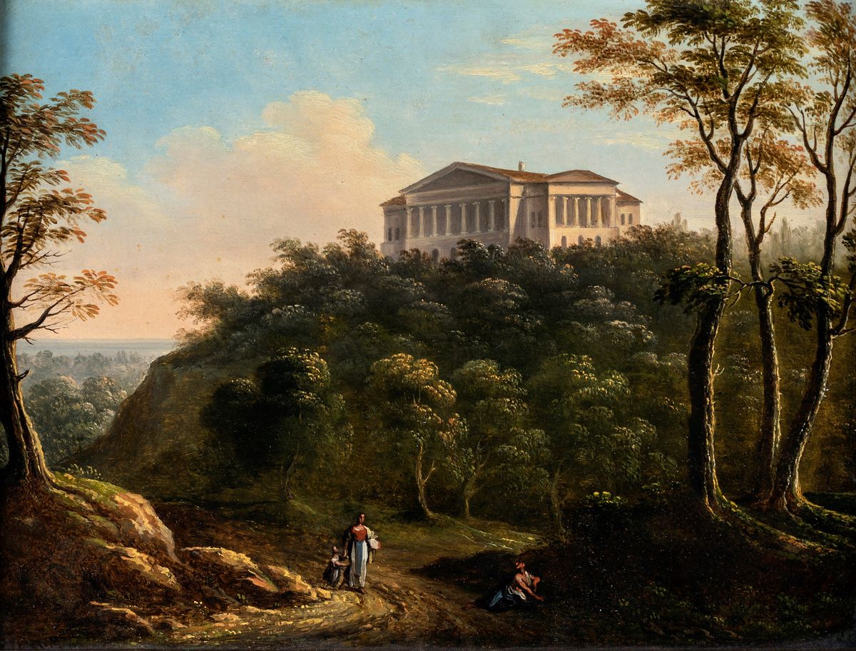 Pittore Fine XVIII/inizio XIX Secolo - A) Paesaggio con L'eremo dei Camaldoli B) Paesaggio con Pa...