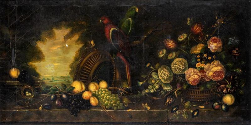 Pittore del XIX Secolo - Natura Morta di Fiori e Frutta con Paesaggio in Lontananza
