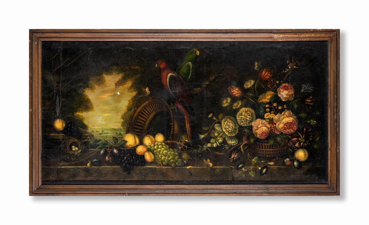 Pittore del XIX Secolo - Natura Morta di Fiori e Frutta con Paesaggio in Lontananza