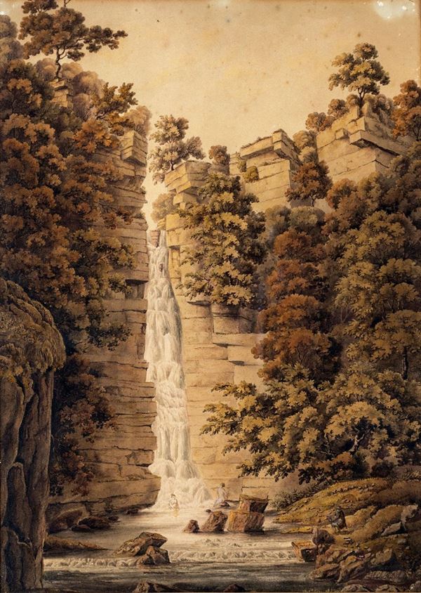 Pittore del XIX secolo - Cascata di Cavagrande del Cassibile nella Sicilia orientale con pittore al cavalletto e ninfe