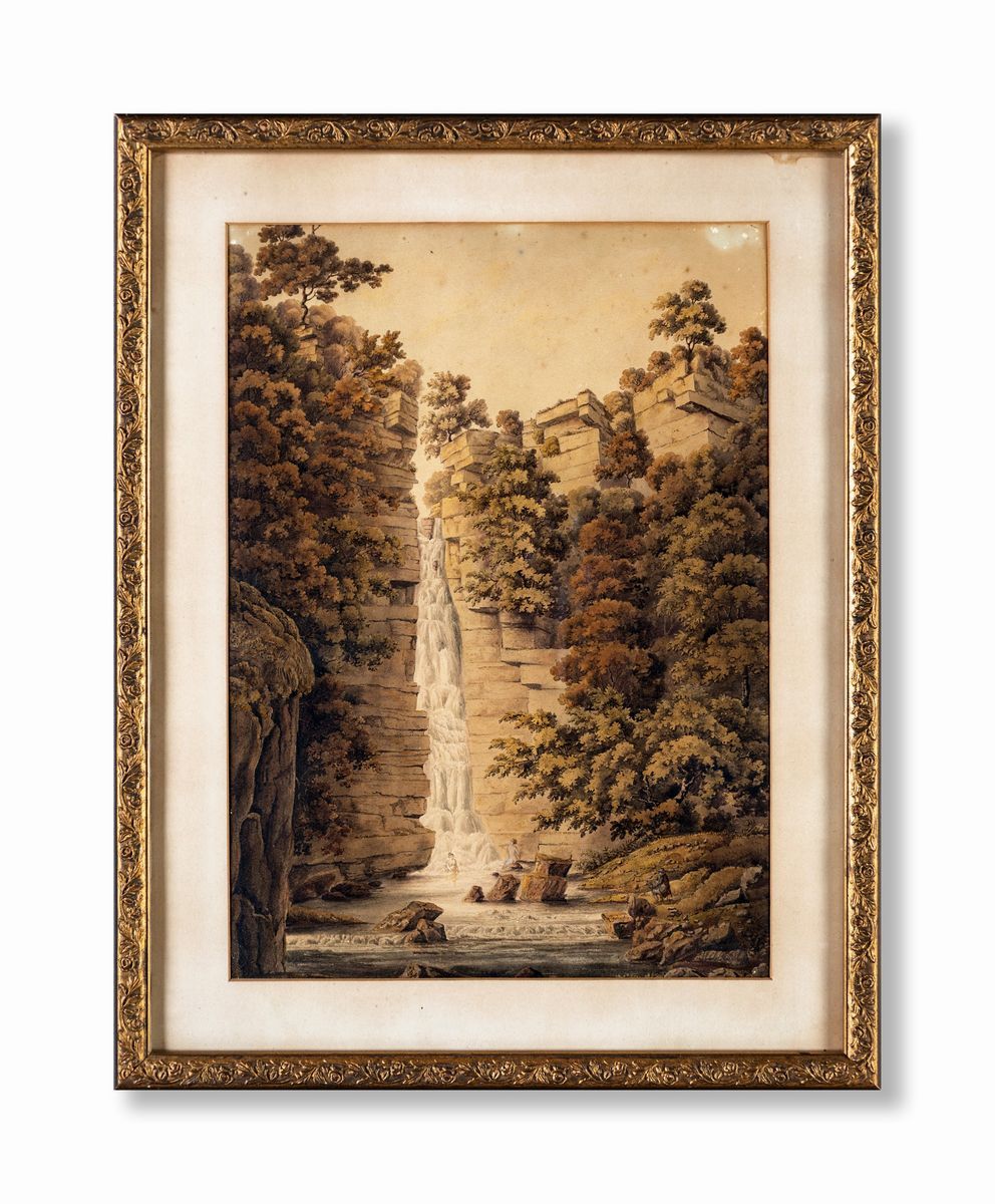 Pittore del XIX Secolo - Cascata di Cavagrande del Cassibile nella Sicilia Orientale con Pittore ...