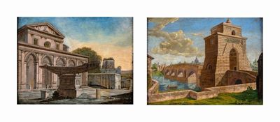 A) Basilica di Santa Maria in Domnica e la Fontana della Navicella al Celio B) Ponte Milvio con L...