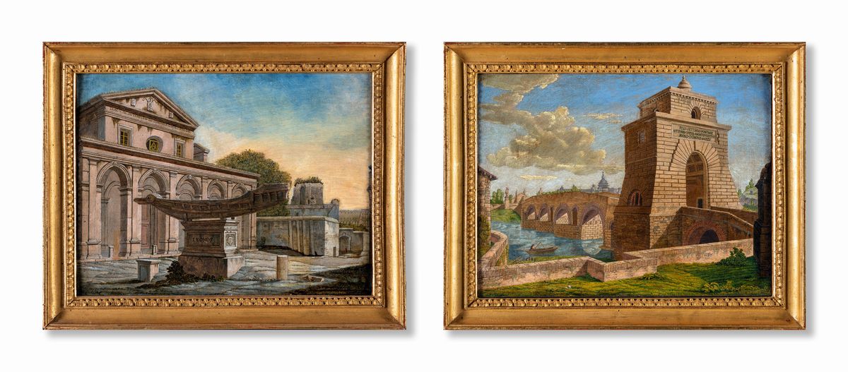 Pittore Tedesco, Prima Metà del XIX Secolo - A) Basilica di Santa Maria in Domnica e la Fontana d...