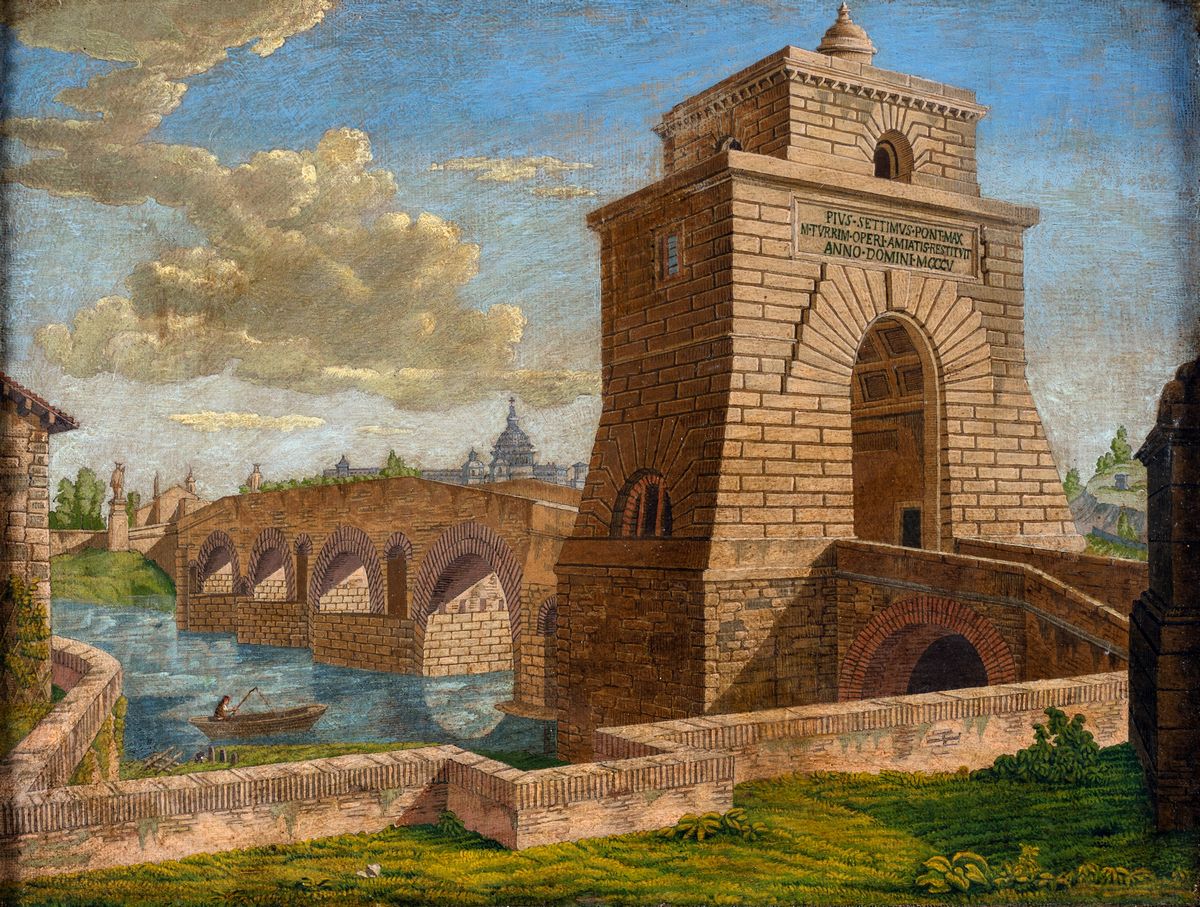 Pittore Tedesco, Prima Metà del XIX Secolo - A) Basilica di Santa Maria in Domnica e la Fontana d...