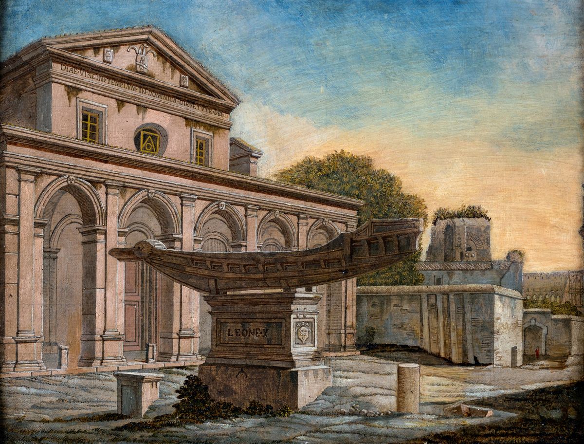 Pittore Tedesco, Prima Metà del XIX Secolo - A) Basilica di Santa Maria in Domnica e la Fontana d...