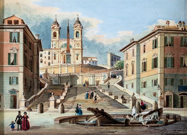 Pittore del XIX secolo - Piazza di Spagna con la fontana della Barcaccia e la scalinata di Trinit&#224; dei Monti
