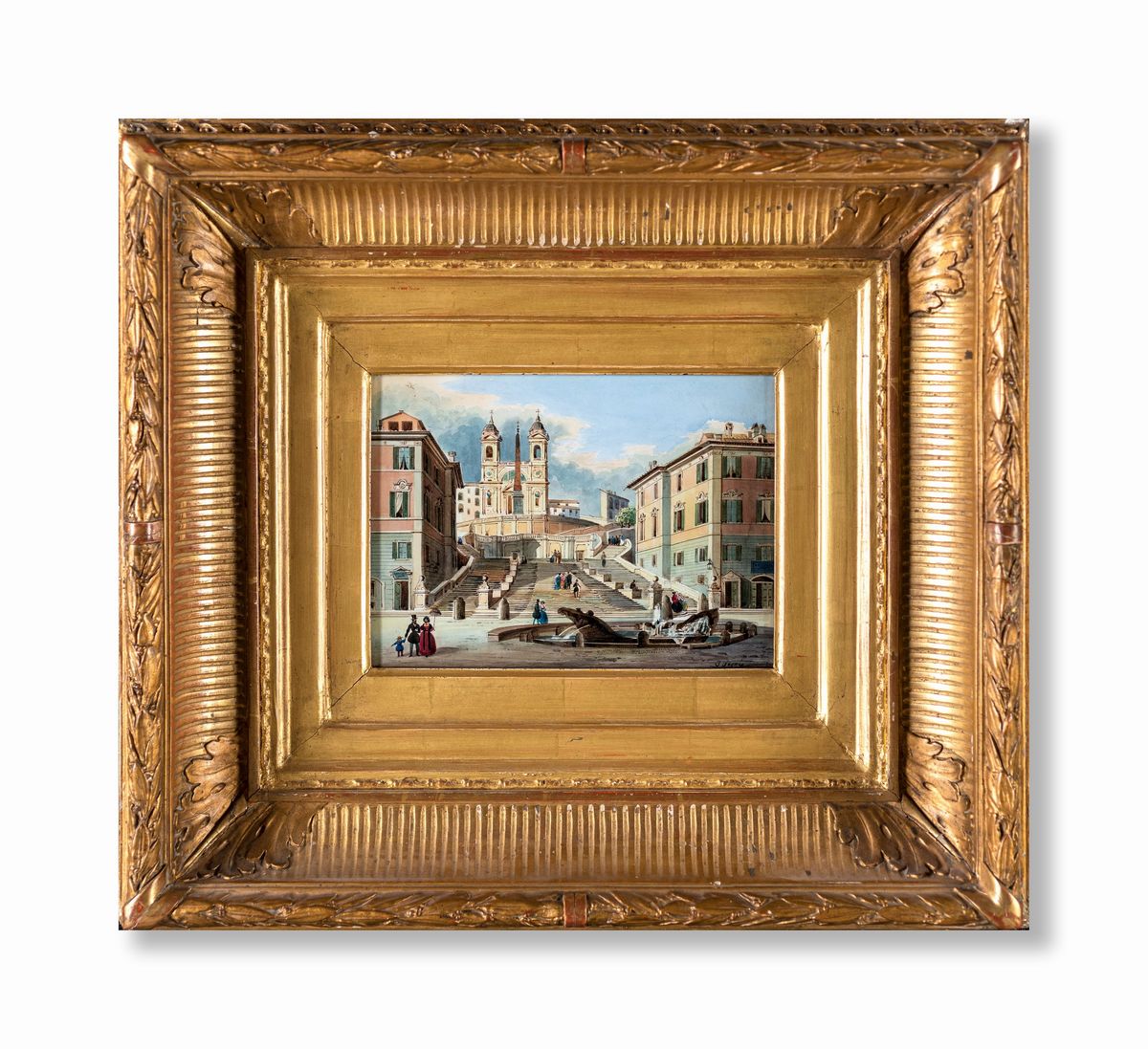 Pittore del XIX Secolo - Piazza di Spagna con la Fontana della Barcaccia e la Scalinata di Trinit...