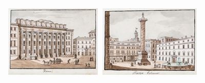 A) Veduta di Piazza Colonna B) Piazza di Pietra e il Colonnato del Tempio di Adriano