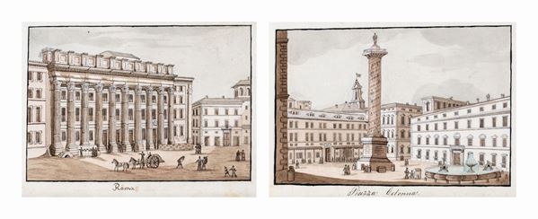 Scuola romana del XIX secolo - a) Veduta di Piazza Colonna b) Piazza di Pietra e il colonnato del Tempio di Adriano