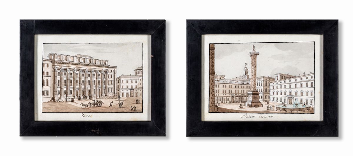 Scuola Romana del XIX Secolo - A) Veduta di Piazza Colonna B) Piazza di Pietra e il Colonnato del...