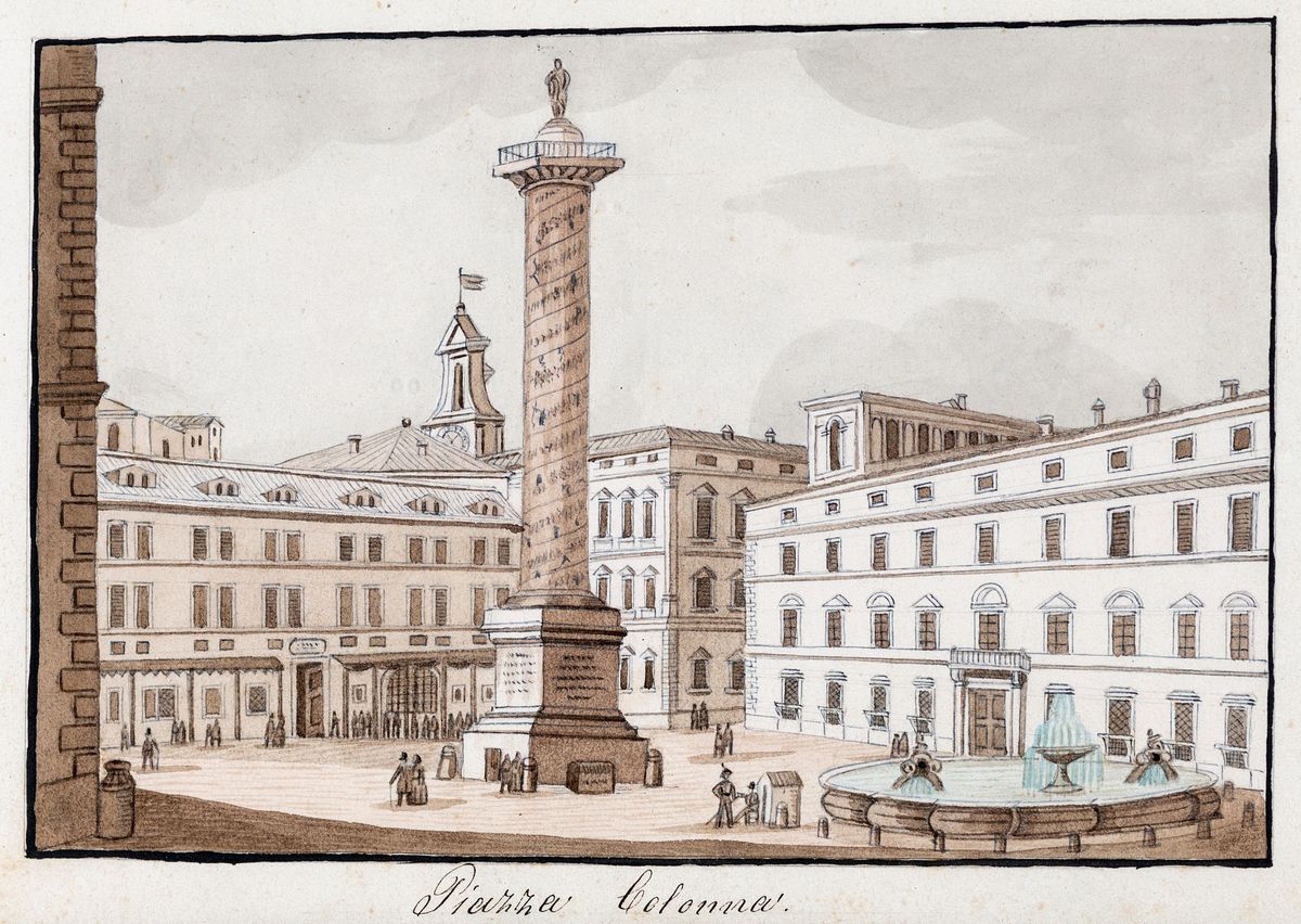 Scuola Romana del XIX Secolo - A) Veduta di Piazza Colonna B) Piazza di Pietra e il Colonnato del...