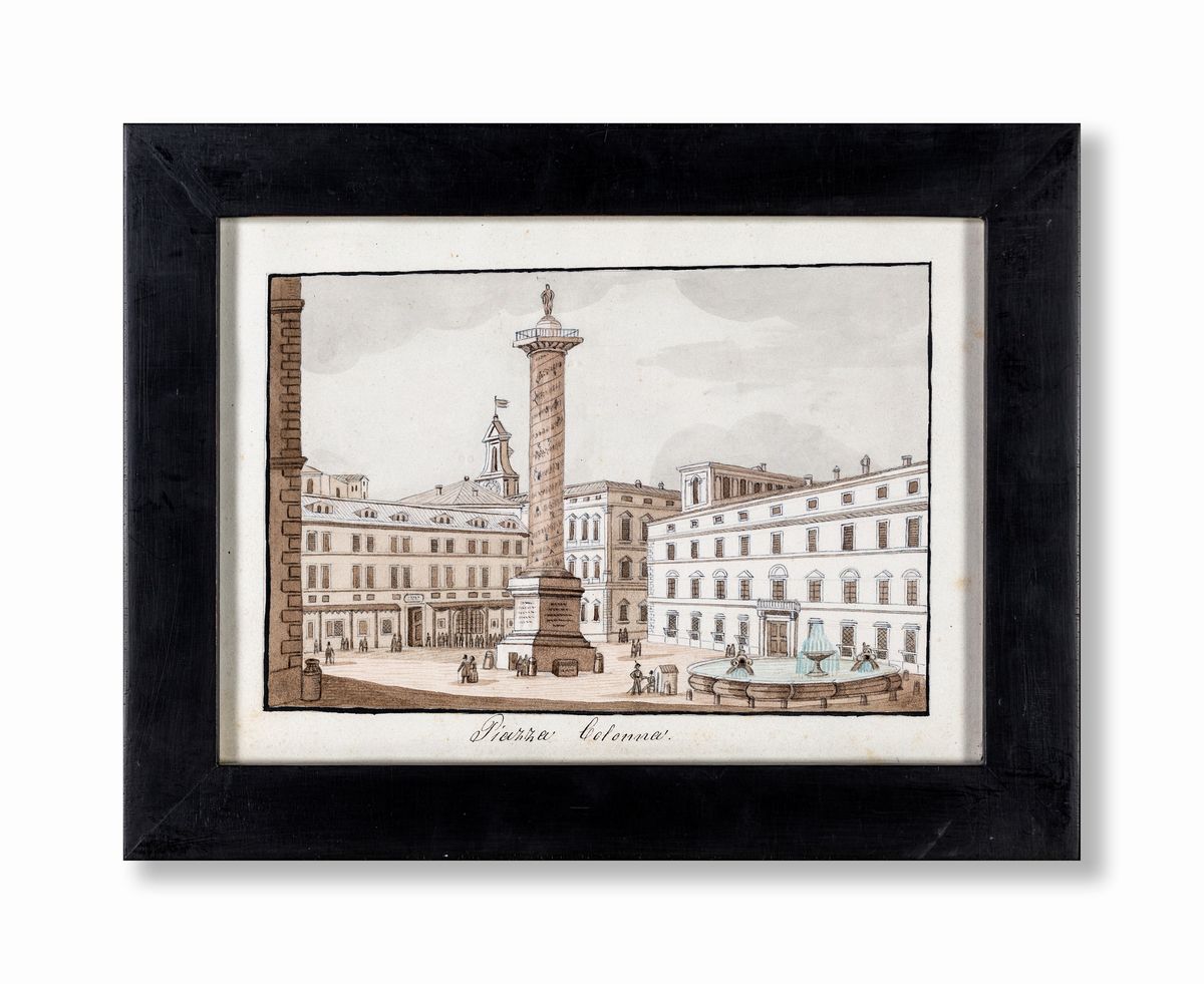 Scuola Romana del XIX Secolo - A) Veduta di Piazza Colonna B) Piazza di Pietra e il Colonnato del...