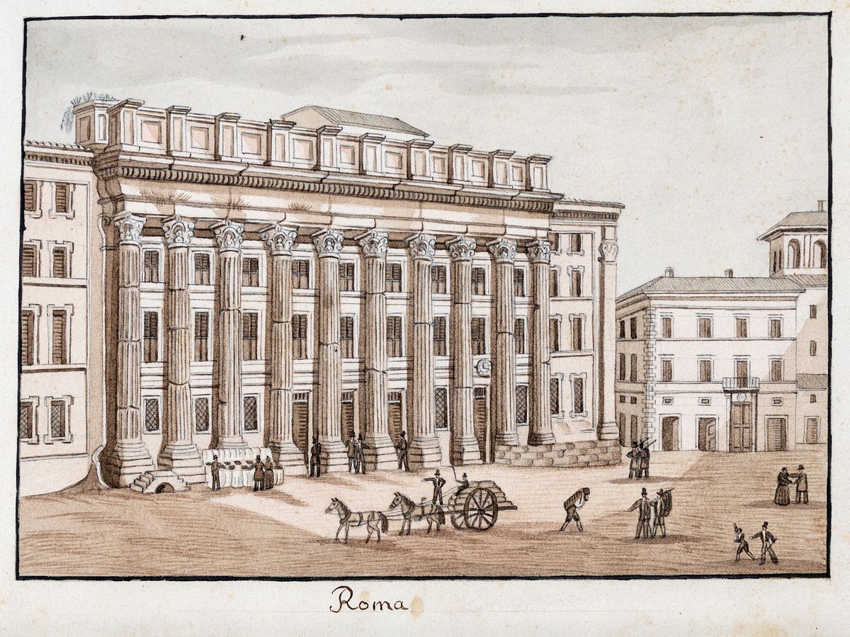 Scuola Romana del XIX Secolo - A) Veduta di Piazza Colonna B) Piazza di Pietra e il Colonnato del...