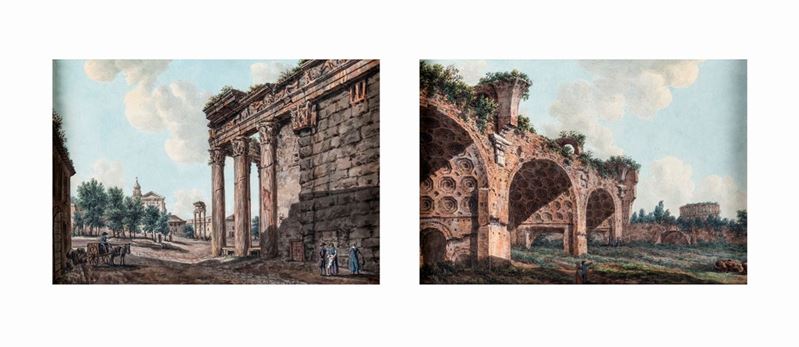 Simone Pomardi (attribuito) - A) Scorcio del Foro con i Resti del Tempio di Antonino e Faustina B...