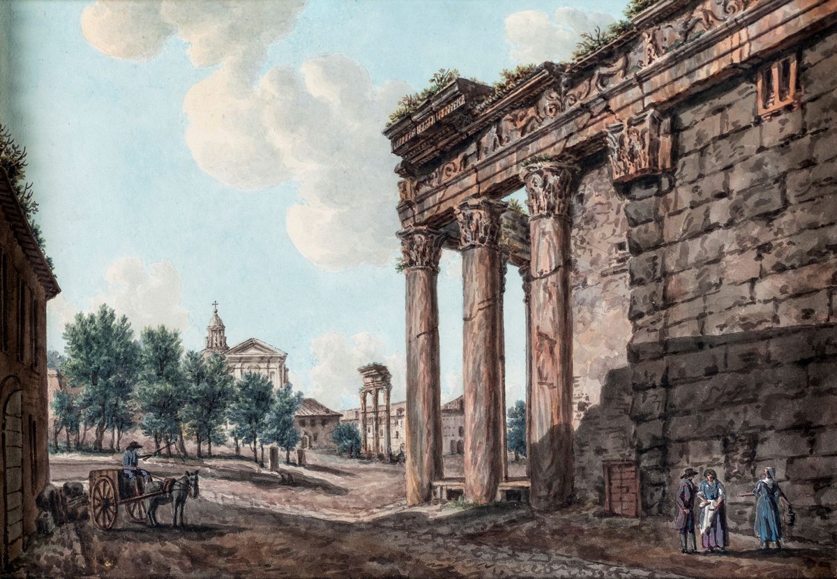 Simone Pomardi (attribuito) - A) Scorcio del Foro con i Resti del Tempio di Antonino e Faustina B...