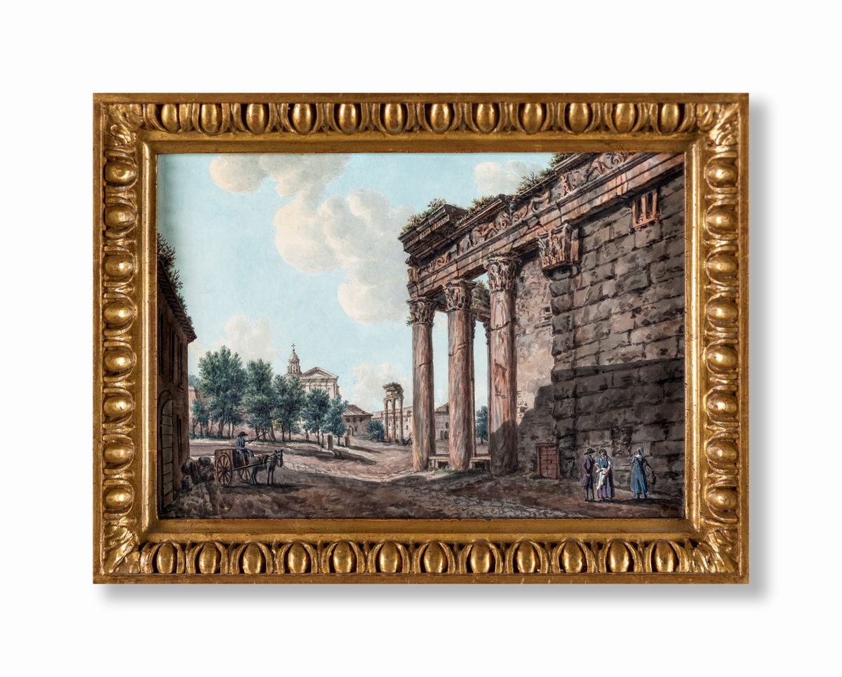 Simone Pomardi (attribuito) - A) Scorcio del Foro con i Resti del Tempio di Antonino e Faustina B...