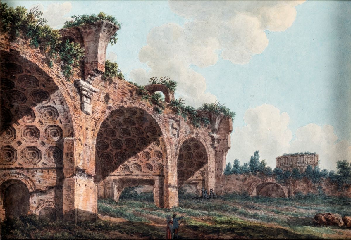 Simone Pomardi (attribuito) - A) Scorcio del Foro con i Resti del Tempio di Antonino e Faustina B...