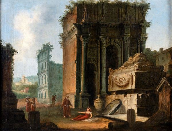Pittore fine del XVIII secolo - Capriccio con scorcio del Colosseo