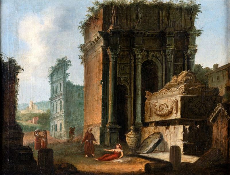 Pittore Fine del XVIII Secolo - Capriccio con Scorcio del Colosseo