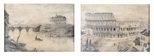 Pittore della fine del XIX secolo - a) Il Tevere a Castel Sant&#39;Angelo b) Veduta del Colosseo