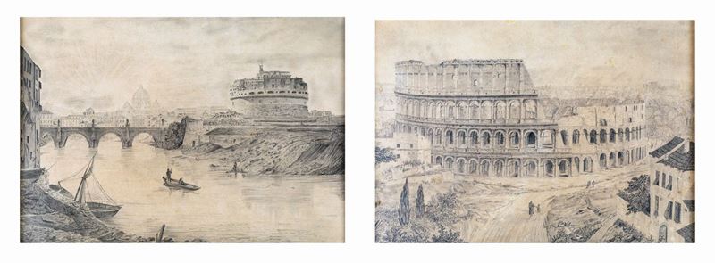 Pittore della Fine del XIX Secolo - A) il Tevere a Castel Sant'angelo B) Veduta del Colosseo