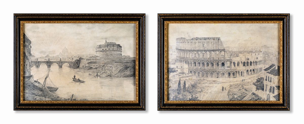 Pittore della Fine del XIX Secolo - A) il Tevere a Castel Sant'angelo B) Veduta del Colosseo