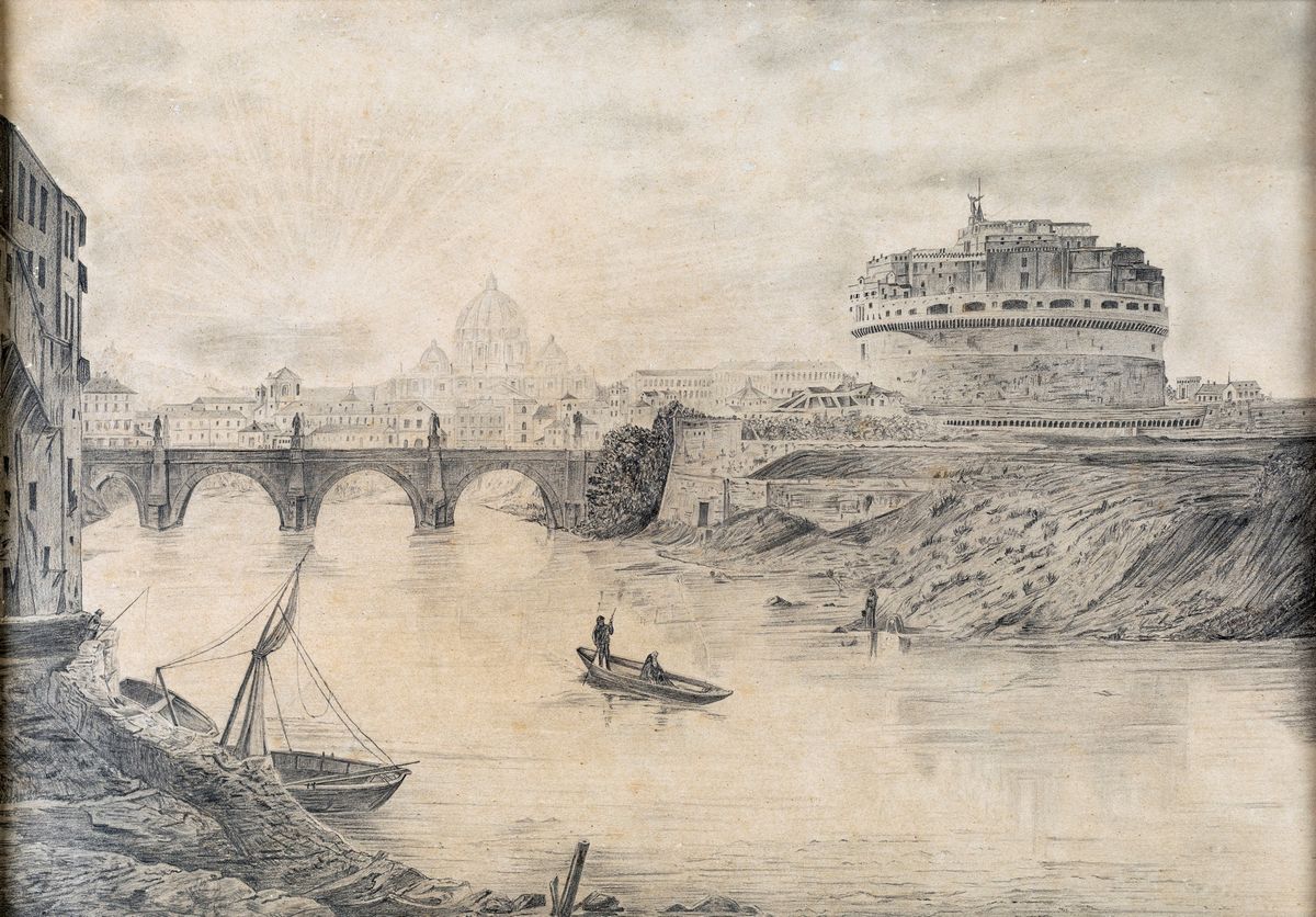 Pittore della Fine del XIX Secolo - A) il Tevere a Castel Sant'angelo B) Veduta del Colosseo