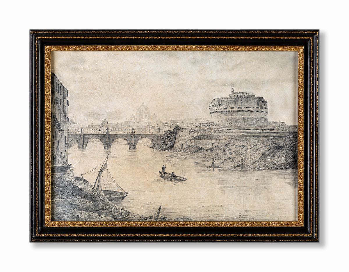 Pittore della Fine del XIX Secolo - A) il Tevere a Castel Sant'angelo B) Veduta del Colosseo