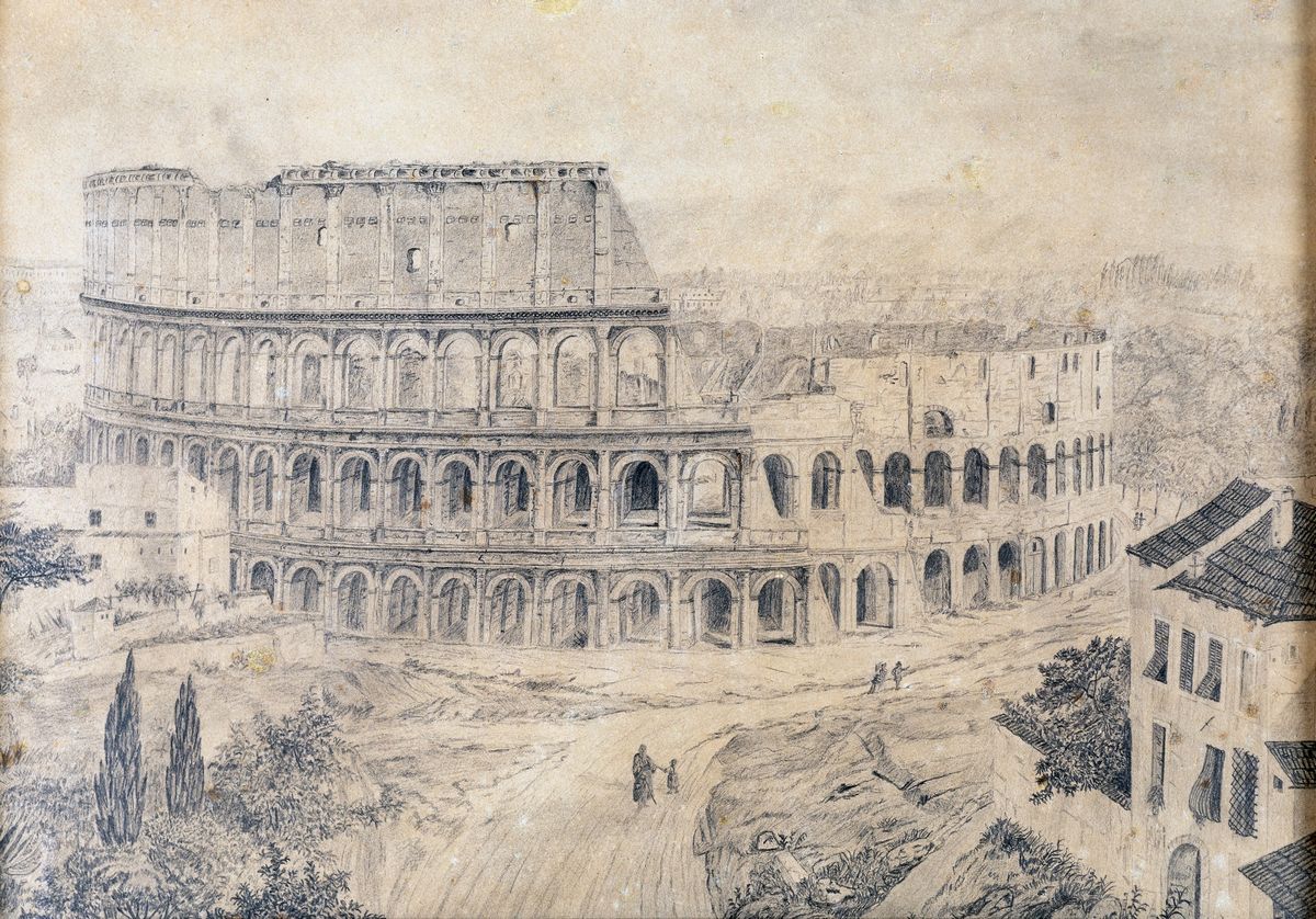 Pittore della Fine del XIX Secolo - A) il Tevere a Castel Sant'angelo B) Veduta del Colosseo