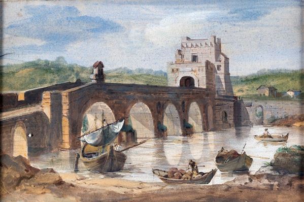 Jean-Baptiste Lallemand (attribuito) - Veduta del Ponte Molle sul Tevere