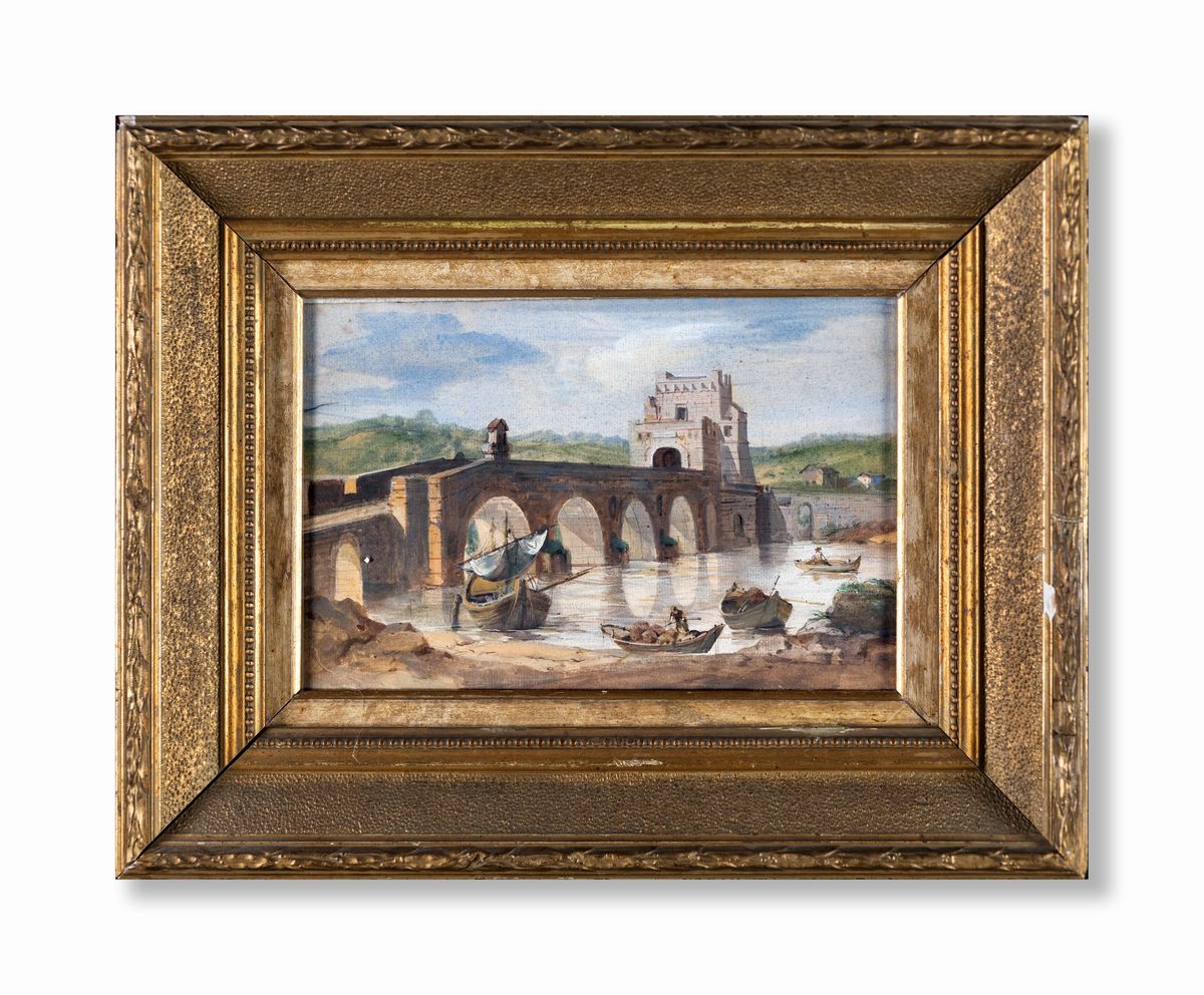 Jean-baptiste Lallemand (attribuito) - Veduta del Ponte Molle sul Tevere