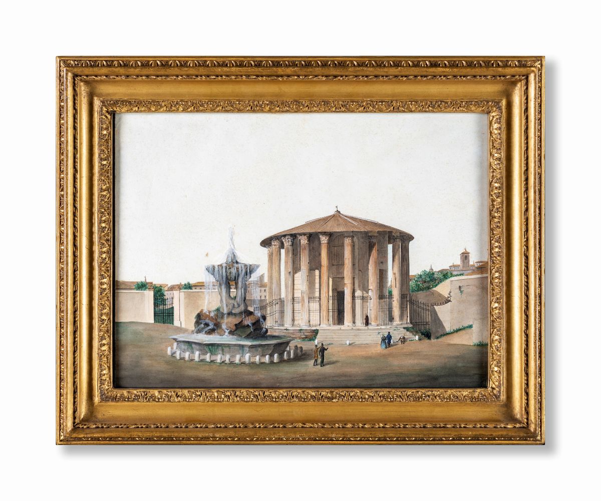 Pittore del XIX Secolo - Tempio di Ercole Vincitore e la Fontana dei Tritoni al Foro Boario
