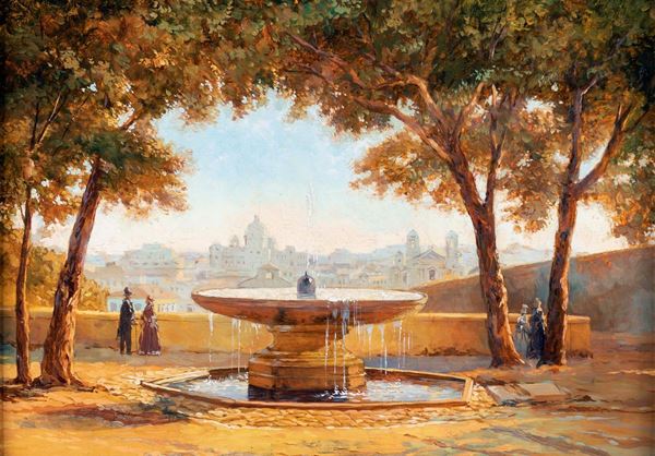 Pittore del XX secolo - La fontana della palla di cannone davanti a Villa Medici sul Monte Pincio