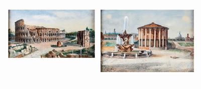 A) Veduta del Colosseo con L'arco di Costantino e la Meta Sudans B) il Tempio di Ercole Vincitore...