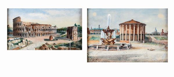 Juan Jim&#233;nez  Martin (noto anche come Martino Del Don) - a) Veduta del Colosseo con l&#39;Arco di Costantino e la Meta Sudans b) Il Tempio di Ercole vincitore al Foro Boario e la fontana dei Tritoni di Carlo Bizzaccheri