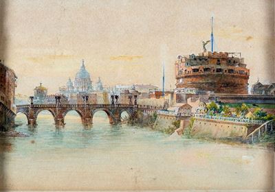 Veduta del Tevere con Castel Sant'angelo e la Basilica di San Pietro in Lontananza