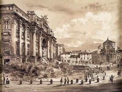 Veduta di Piazza di Trevi con la Fontana e la Chiesa dei Santi Vincenzo e Anastasio