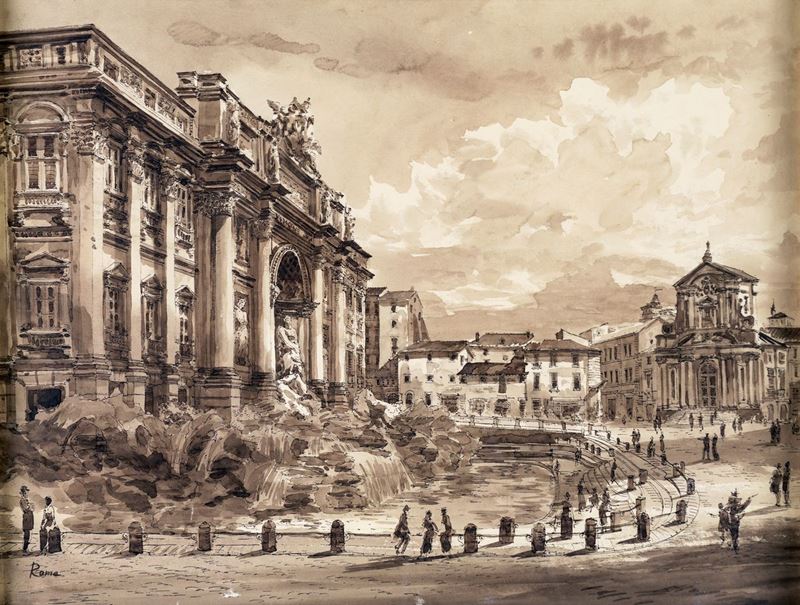 Pittore degli Inizi del XX Secolo - Veduta di Piazza di Trevi con la Fontana e la Chiesa dei Sant...