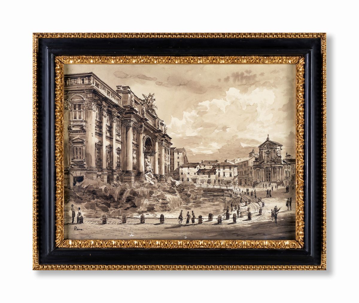 Pittore degli Inizi del XX Secolo - Veduta di Piazza di Trevi con la Fontana e la Chiesa dei Sant...