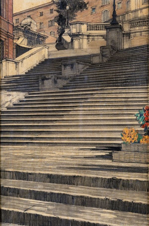 Pittore degli inizi del XX secolo - Scorcio della scalinata di Trinit&#224; dei Monti