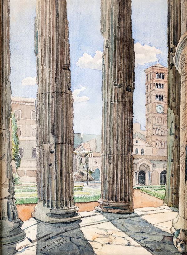 Pittore degli inizi del XX secolo - Scorcio della Basilica di Santa Maria in Cosmedin dalle colonne del tempio di Ercole vincitore