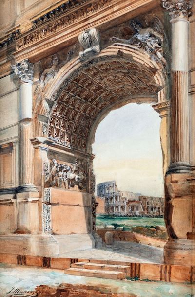 Fornice Centrale Dell'arco di Tito Col Colosseo in Lontananza