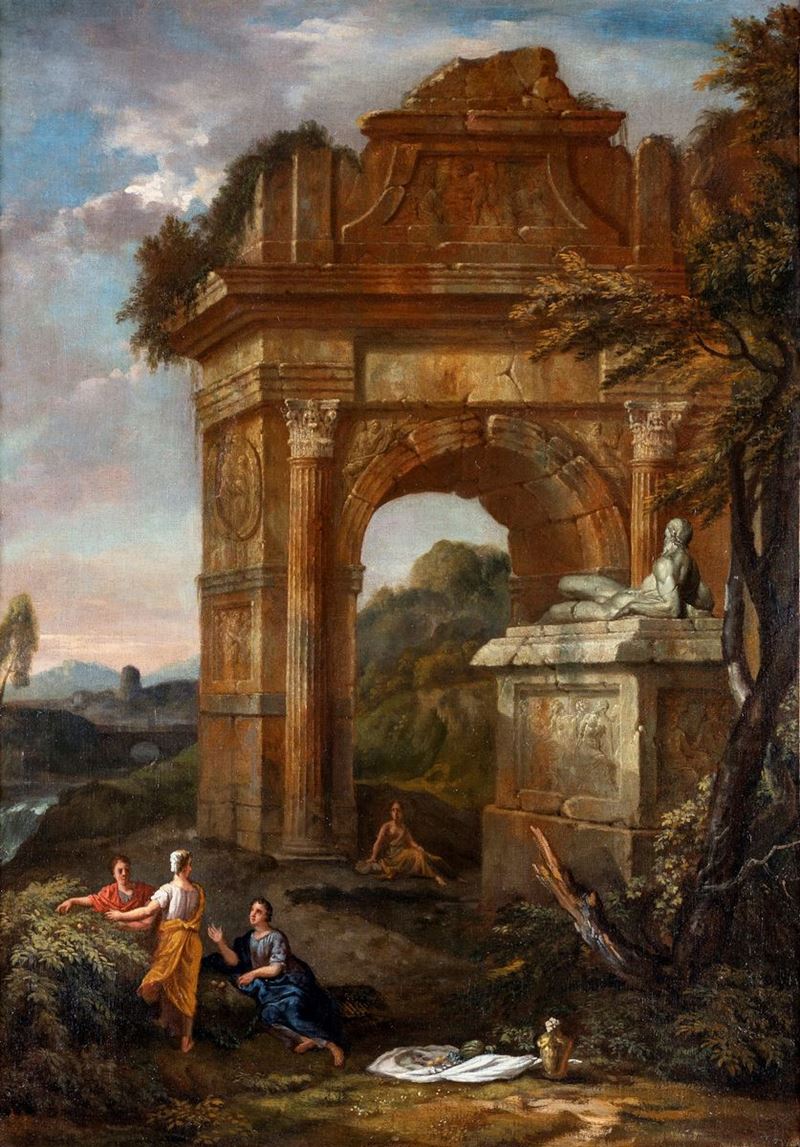 Pittore Fine XVIII/inizio XIX Secolo - Capriccio di Ruderi Romani con Figure