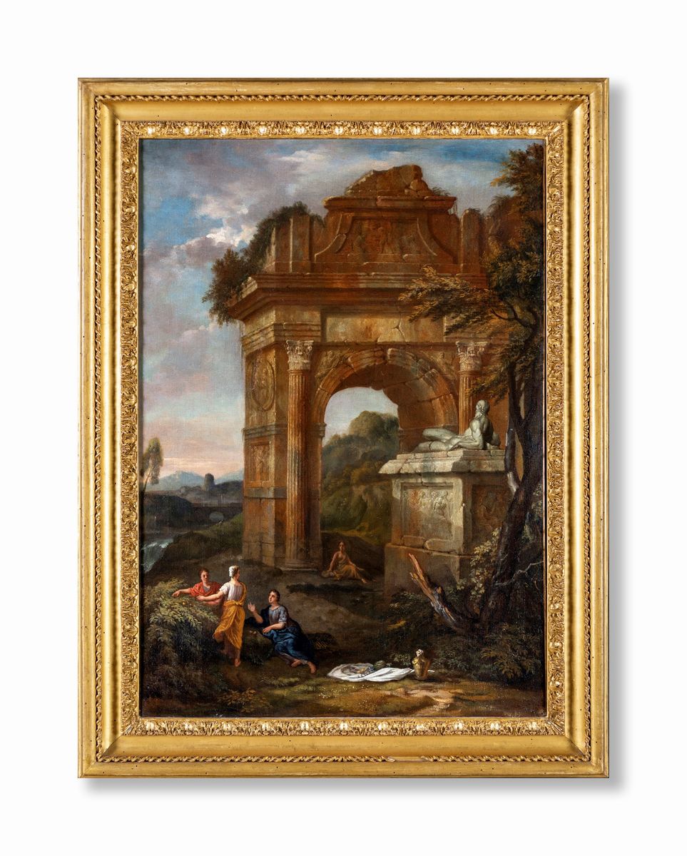 Pittore Fine XVIII/inizio XIX Secolo - Capriccio di Ruderi Romani con Figure