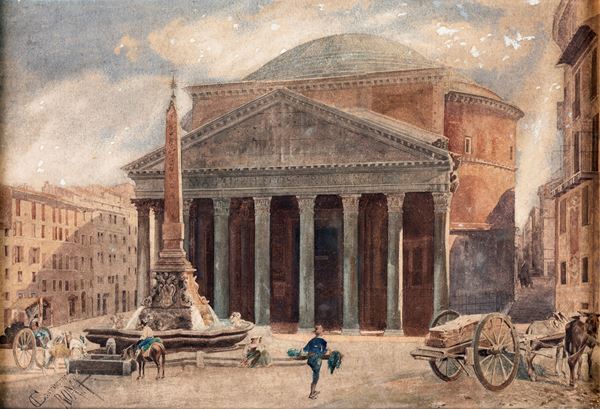 Giuseppe Costantini - Piazza della Rotonda col Pantheon e la fontana rinascimentale con l&#39;obelisco Macuteo