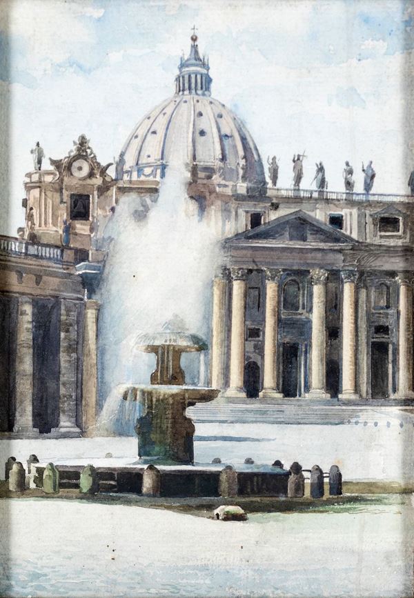 Pittore del XIX secolo - Scorcio della Basilica Vaticana con la fontana di Carlo Maderno