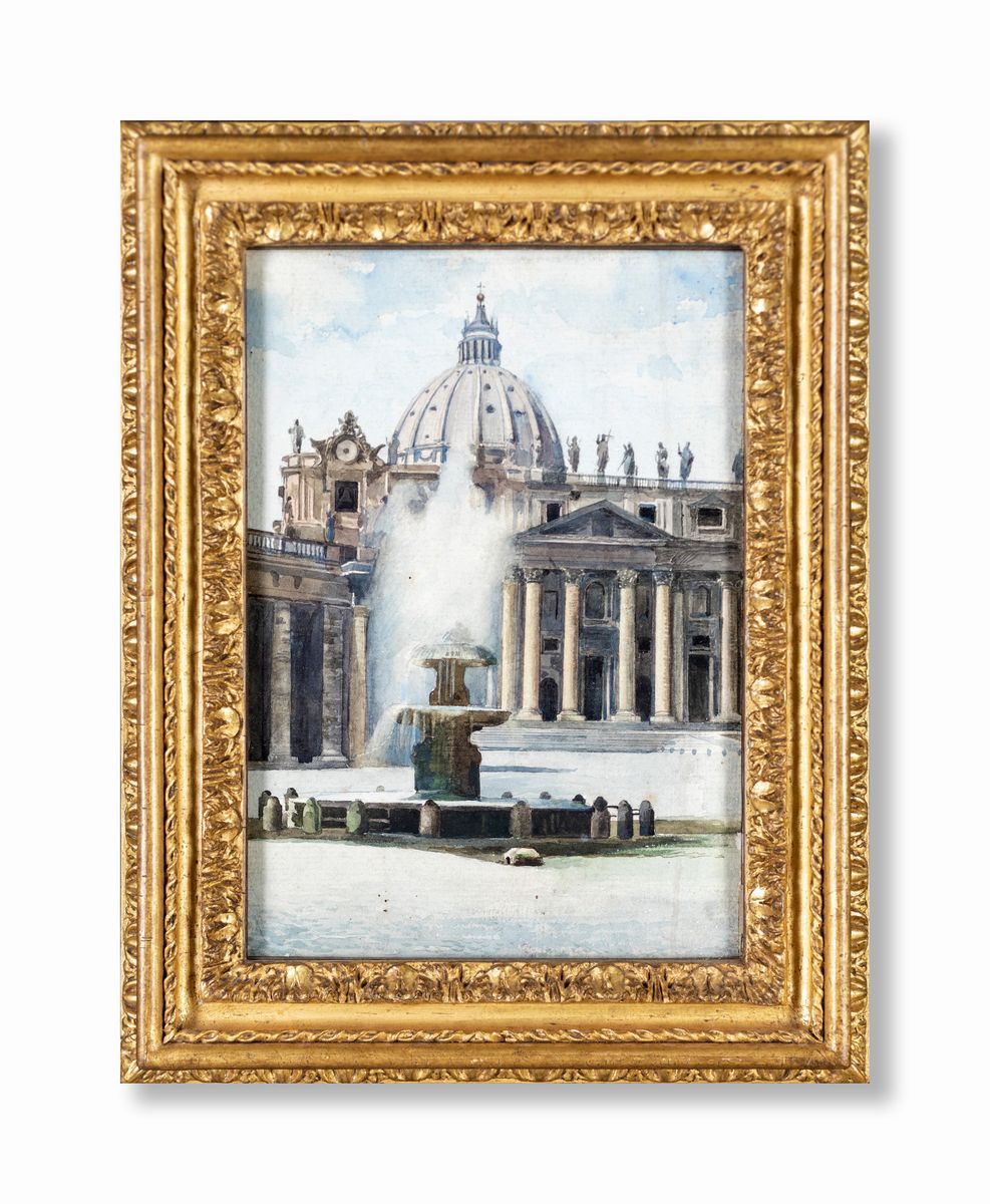 Pittore del XIX Secolo - Scorcio della Basilica Vaticana con la Fontana di Carlo Maderno