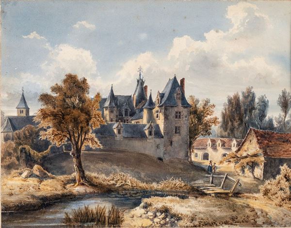 Scuola francese del XIX secolo - Borgo contadino con castello