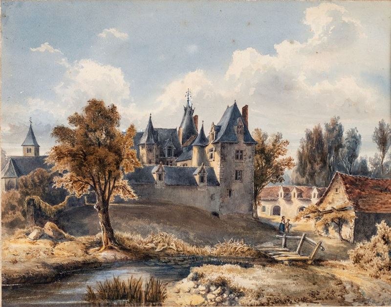 Scuola Francese del XIX Secolo - Borgo Contadino con Castello
